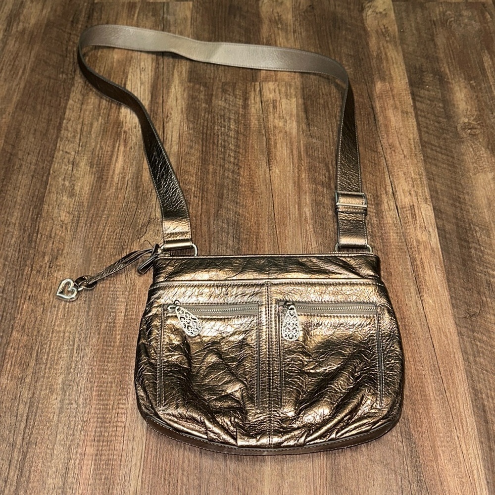 Brighton Zoe Metallic bronze crinkled‎ genuine leather Crossbody Purse/Bag EUC